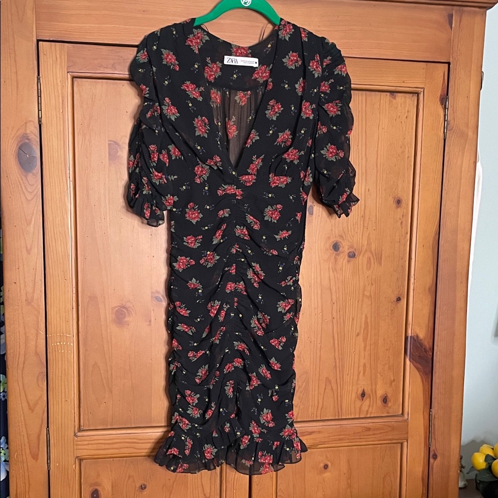 Zara Black Dress with Red Floral Pattern